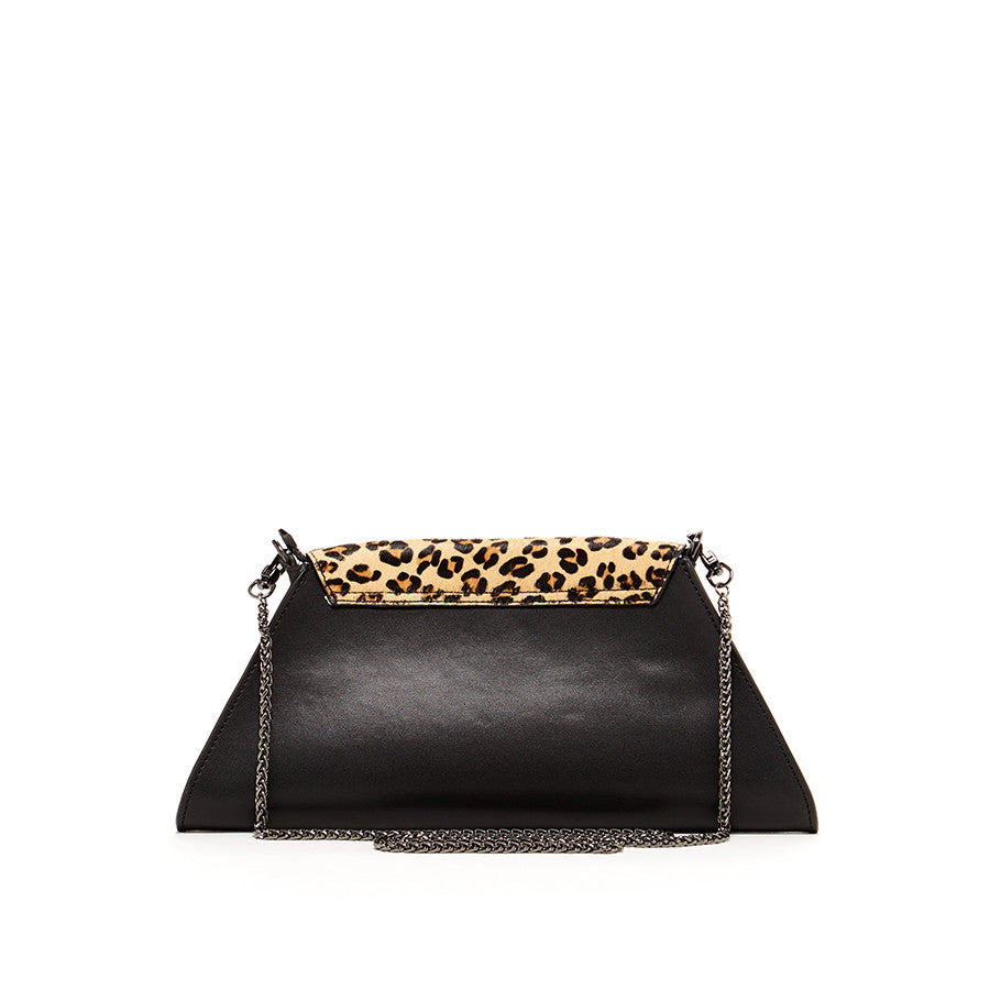 Black Leather Clutch Bag Leopard Unique Evening Purse Women's Handbag