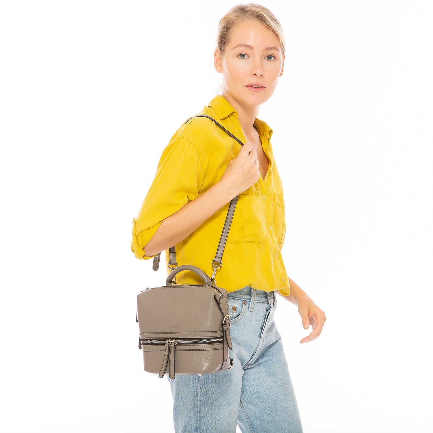 Gray Leather Backpack Purse for Women Convertible Crossbody Bag Medium Size with Front and Back Pockets