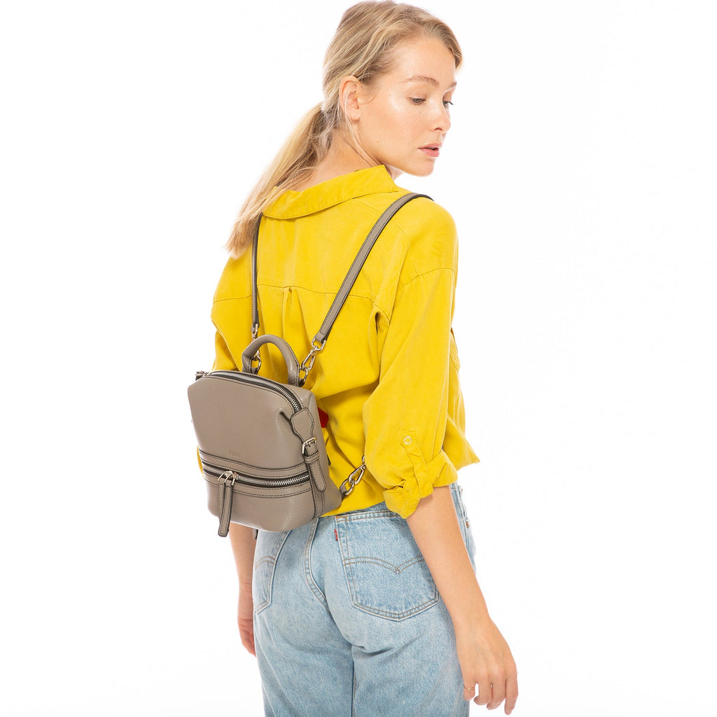 Gray Leather Backpack Purse for Women Convertible Crossbody Bag Medium Size with Front and Back Pockets