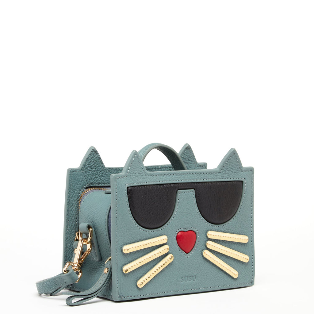 Leather Cat Purse Crossbody Bag Mineral Blue