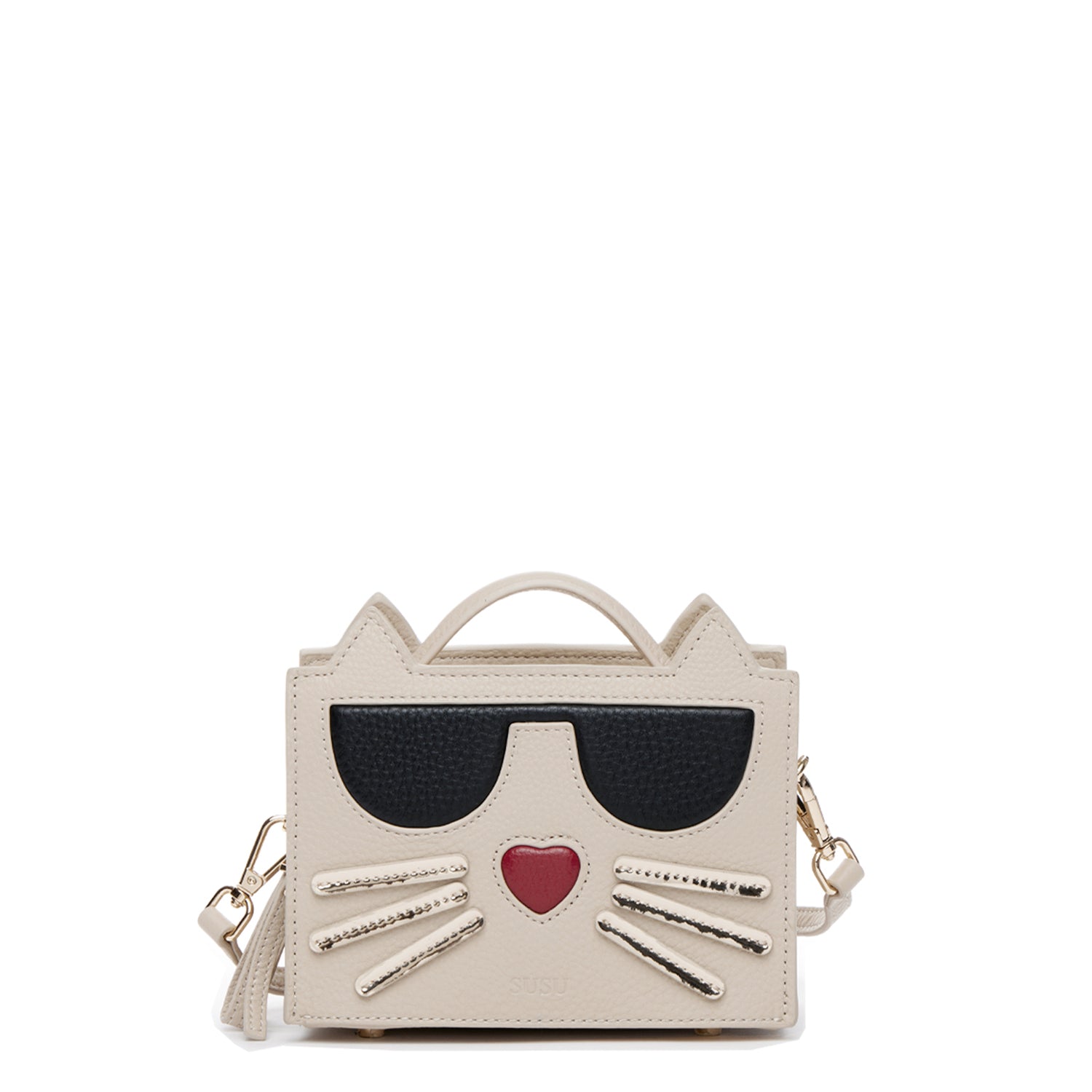 Leather Cat Crossbody Bag Light Beige Cream
