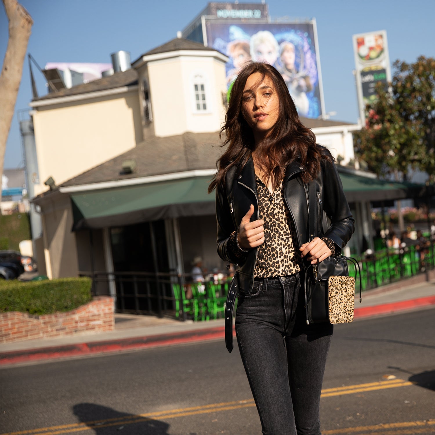 Leather Bucket Bag Leopard Black Purse Drawstring Design Medium Size Bag
