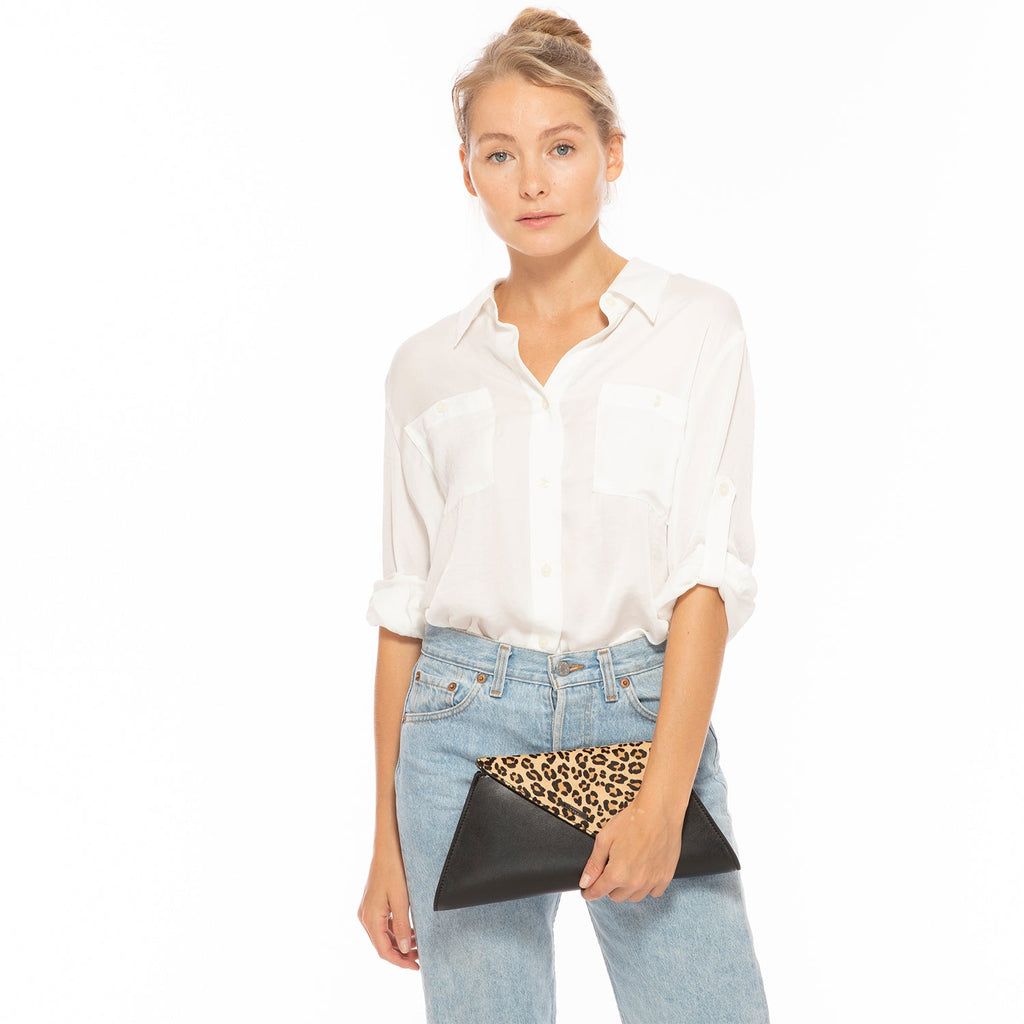 Black Leather Clutch Bag Leopard Unique Evening Purse Women's Handbag