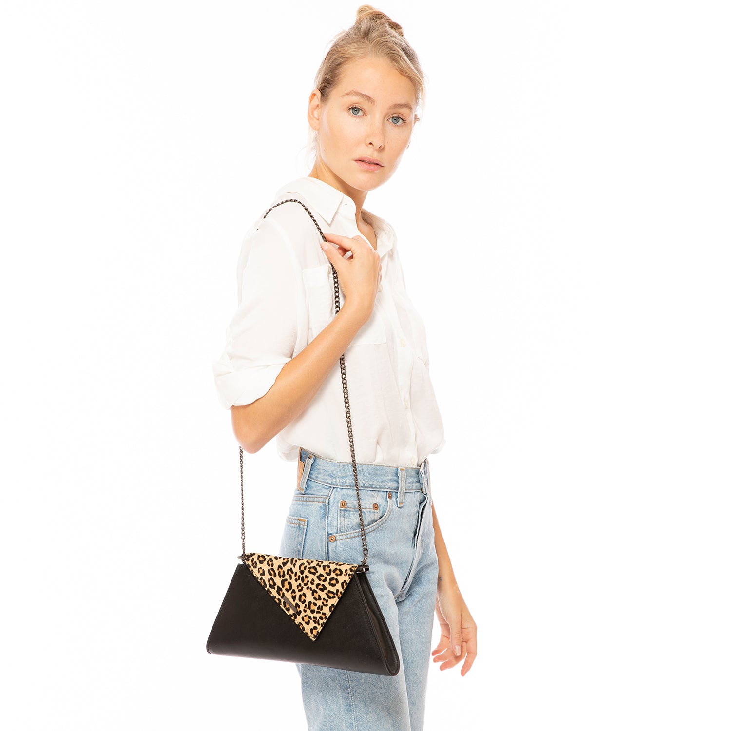 Black Leather Clutch Bag Leopard Unique Evening Purse Women's Handbag