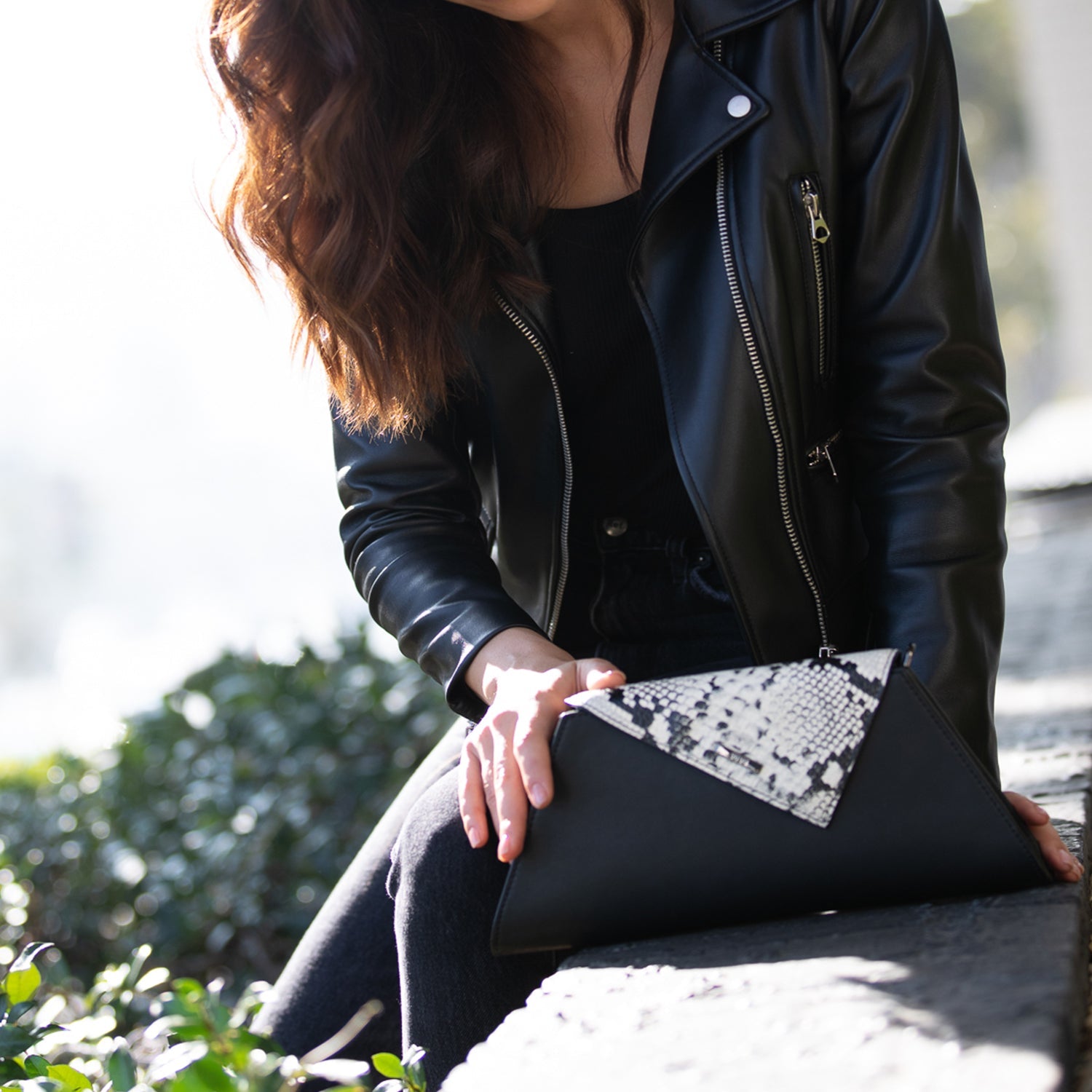 Black Leather Clutch Bag Unique Snakeskin Evening Purse Women's Handbag