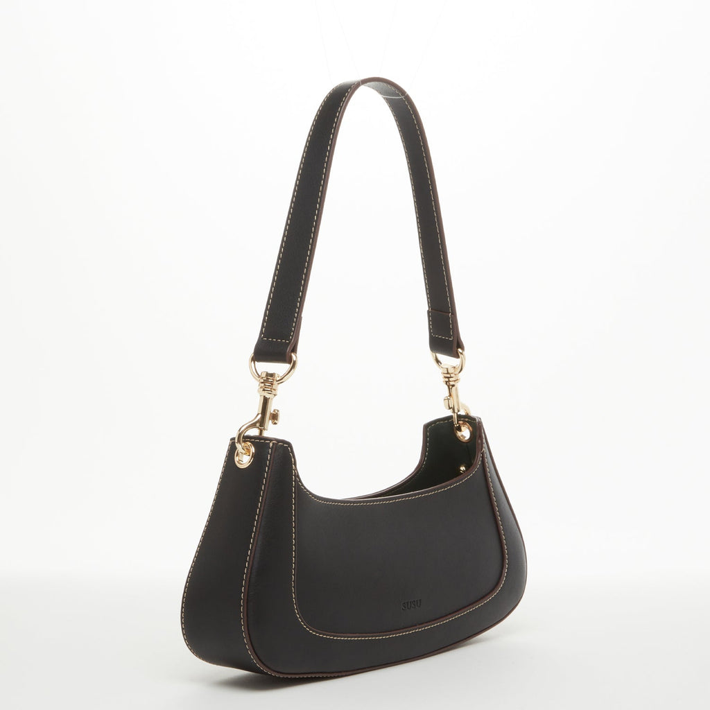Leather Baguette Bag East West Black Purse
